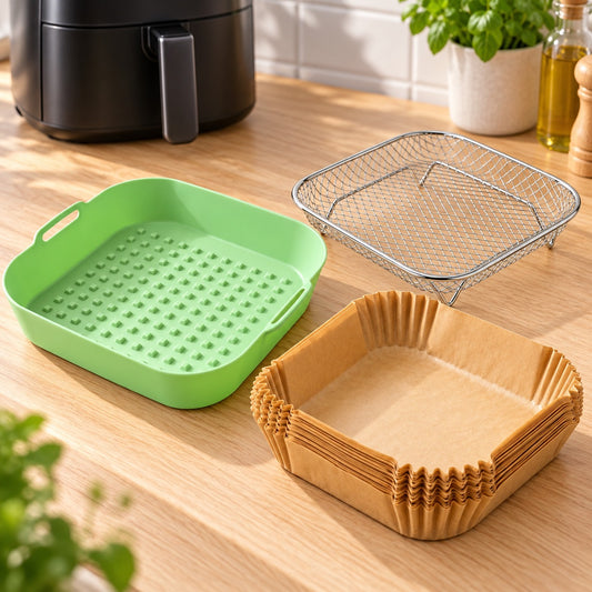 Airfryer-set: siliconen bakje, RVS rek en bakpapier