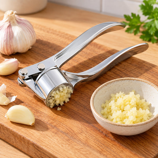 Knoflookpers op een snijplank met een kommetje geperste knoflook