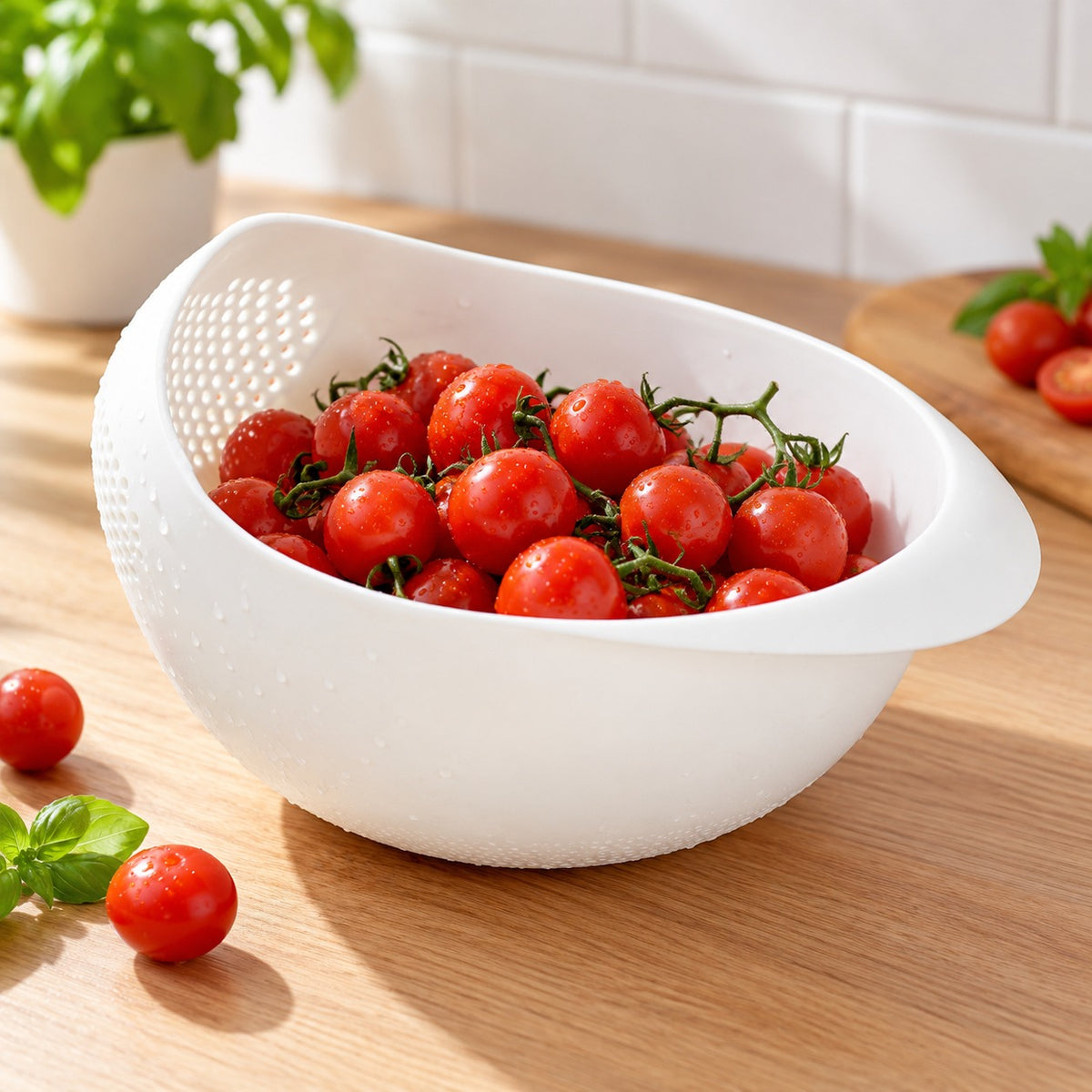 Witte vergietkom met cherrytomaatjes
