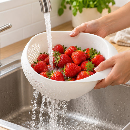 Aardbeien afspoelen in de vergietkom onder de kraan