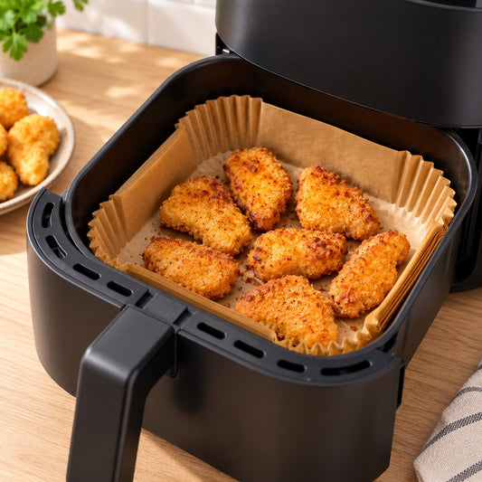 Airfryer-bakpapier in de mand met kipnuggets