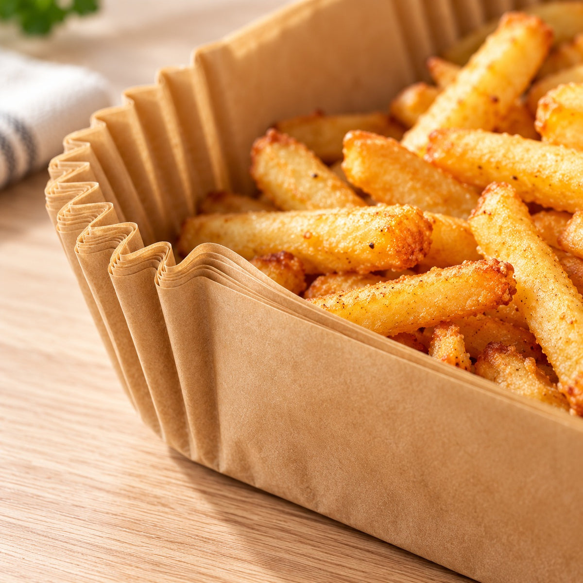 Close-up van de geplooide rand van het bakpapier met frietjes