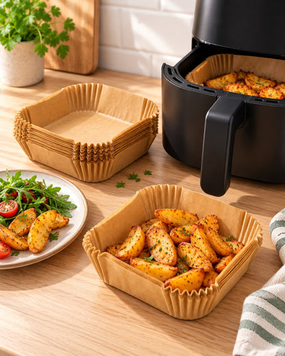 Airfryer-bakpapier met aardappelpartjes naast de airfryer
