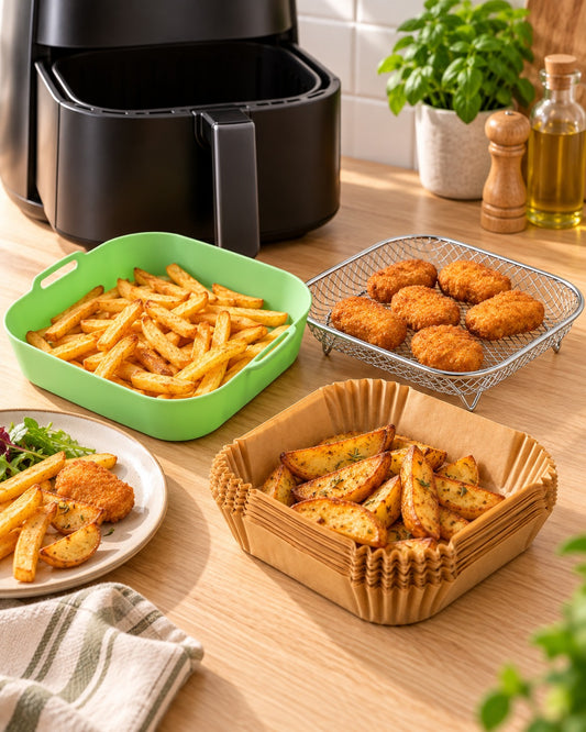 Airfryer-set in gebruik met frietjes, kipnuggets en aardappelpartjes