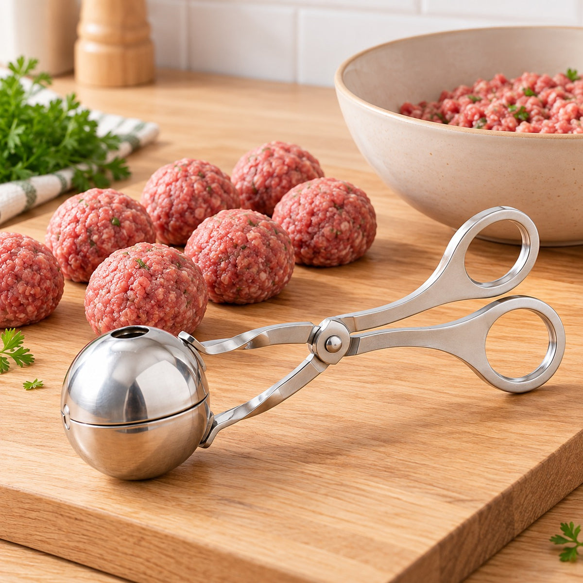 Ronde gehaktballetjes op een snijplank naast de gehaktballentang
