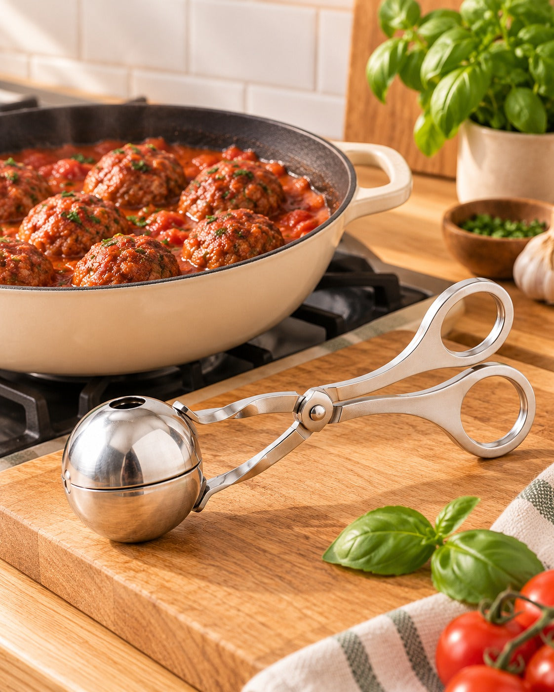 Gehaktballen in tomatensaus met de gehaktballentang ernaast