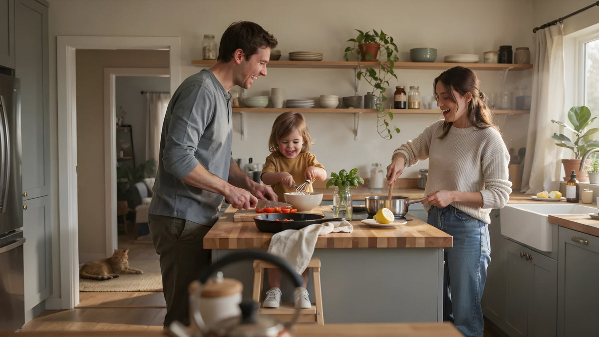 Gezin dat samen kookt in een lichte keuken