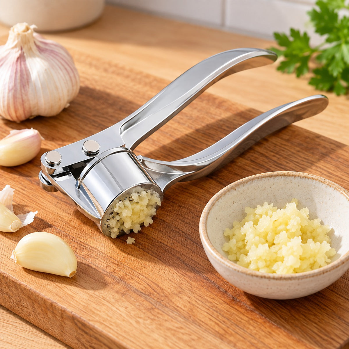 Knoflookpers op een snijplank met een kommetje geperste knoflook