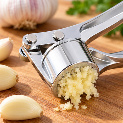 Close-up van het perskamertje met verse knoflook