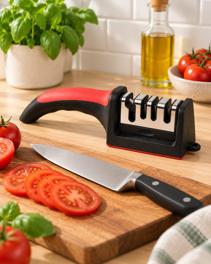 Messenslijper naast een koksmes en dunne tomatenplakjes