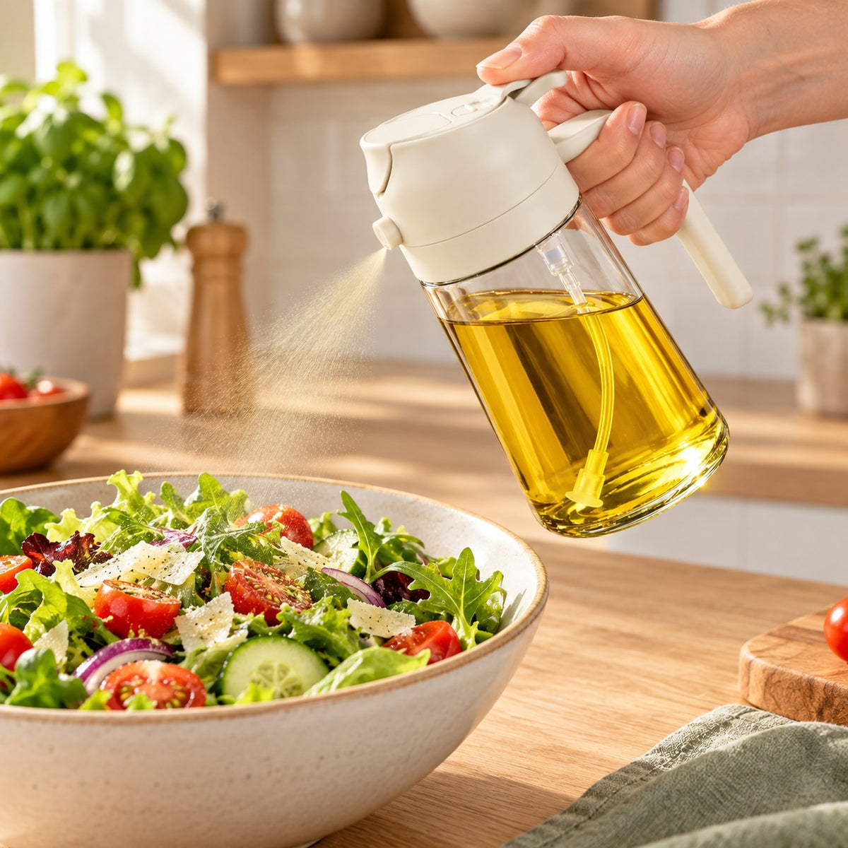 Oliespuit in gebruik: fijne olienevel over een salade