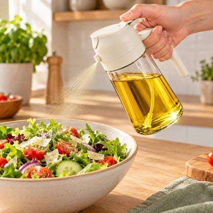 Oliespuit in gebruik: fijne olienevel over een salade