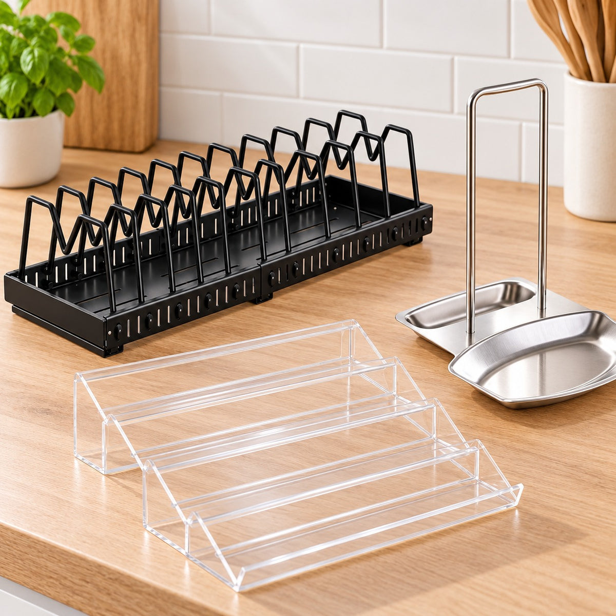 Opgeruimde Keuken-set: pannenorganizer, dekselstandaard en kruidenrek