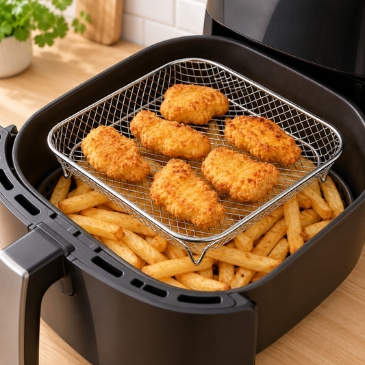Airfryer-rek in de mand: frietjes onder, kipnuggets boven