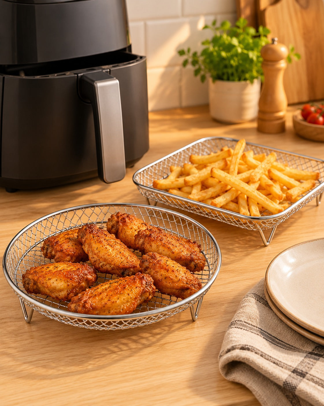 Airfryer-rekjes met kippenvleugels en frietjes naast de airfryer