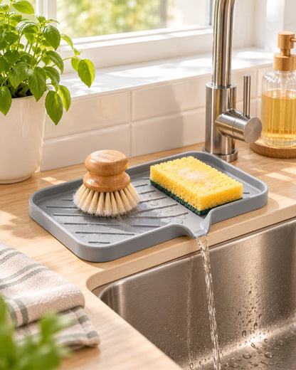 Afdruipmat naast de kraan in een lichte keuken