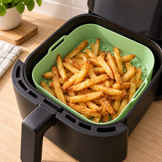 Siliconen bakje in de airfryer-mand met knapperige frietjes