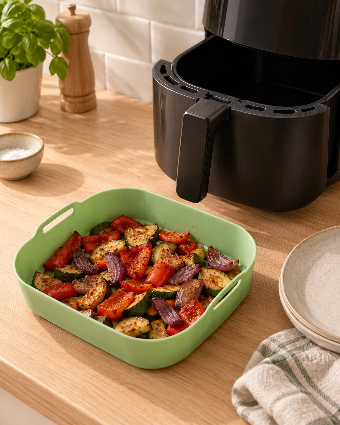 Airfryer-bakje met geroosterde groenten naast de airfryer