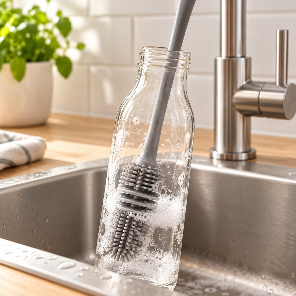 Flessenborstel in een glazen fles met zeepsop bij de gootsteen