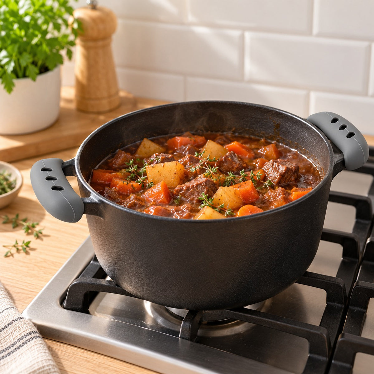 Braadpan met stoofpot op het fornuis, pangrepen om beide handvatten
