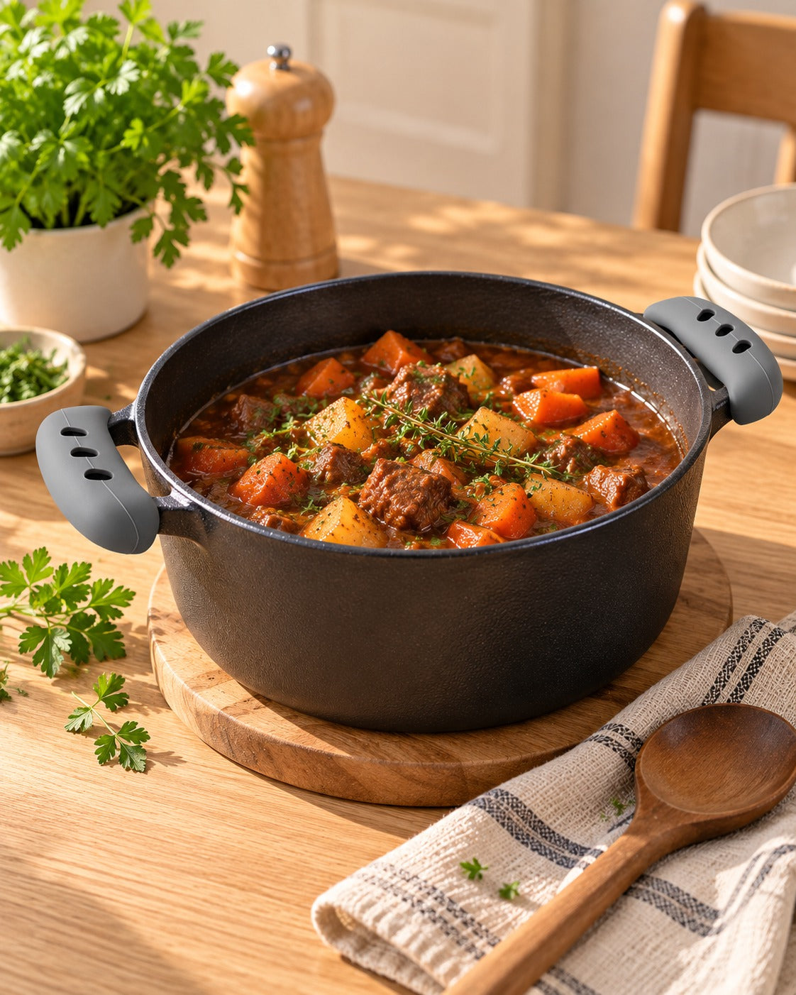 Braadpan met pangrepen op tafel op een houten onderzetter