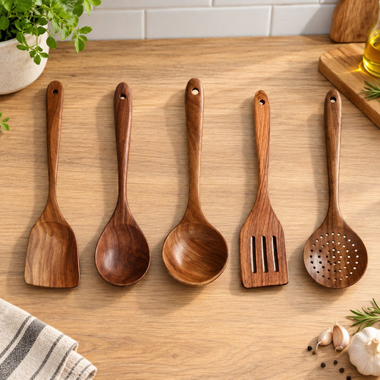 Teakhouten keukengerei set, 5-delig