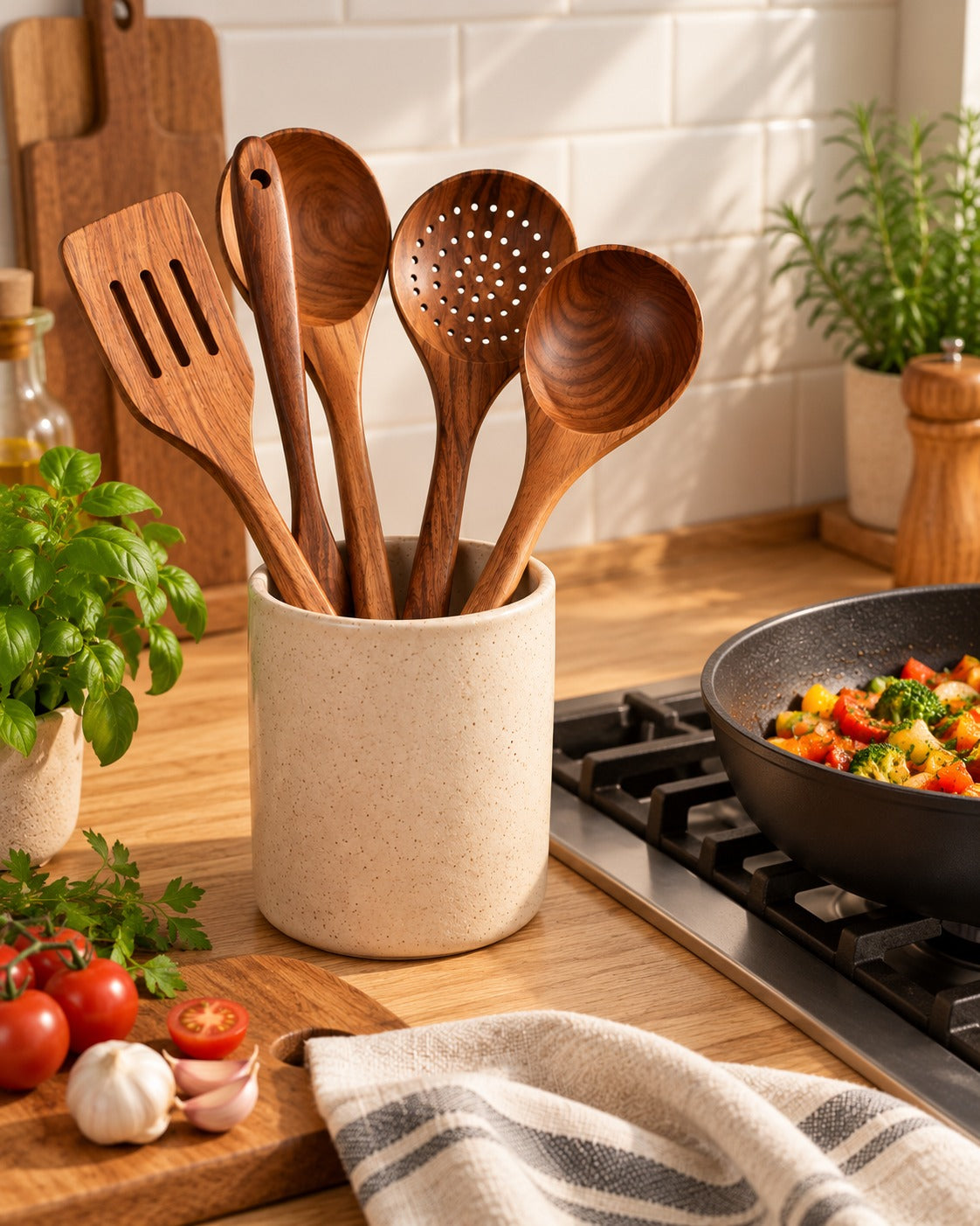 Teakhouten keukengerei in een pot naast het fornuis