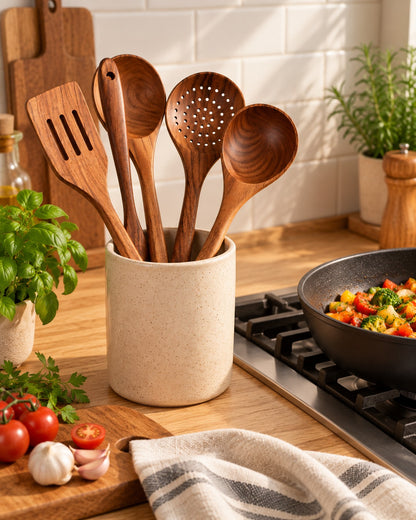 Teakhouten keukengerei in een pot naast het fornuis
