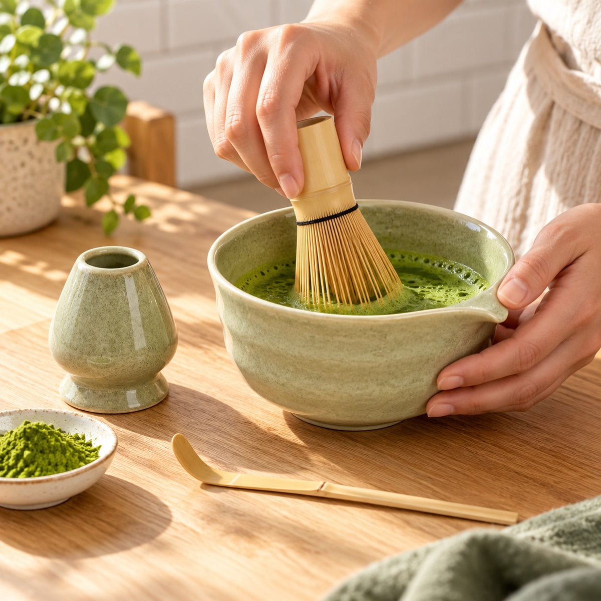 Matcha opkloppen met de bamboe garde in de saliegroene matchakom