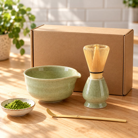 4-delige matcha-set in saliegroen met cadeaudoos