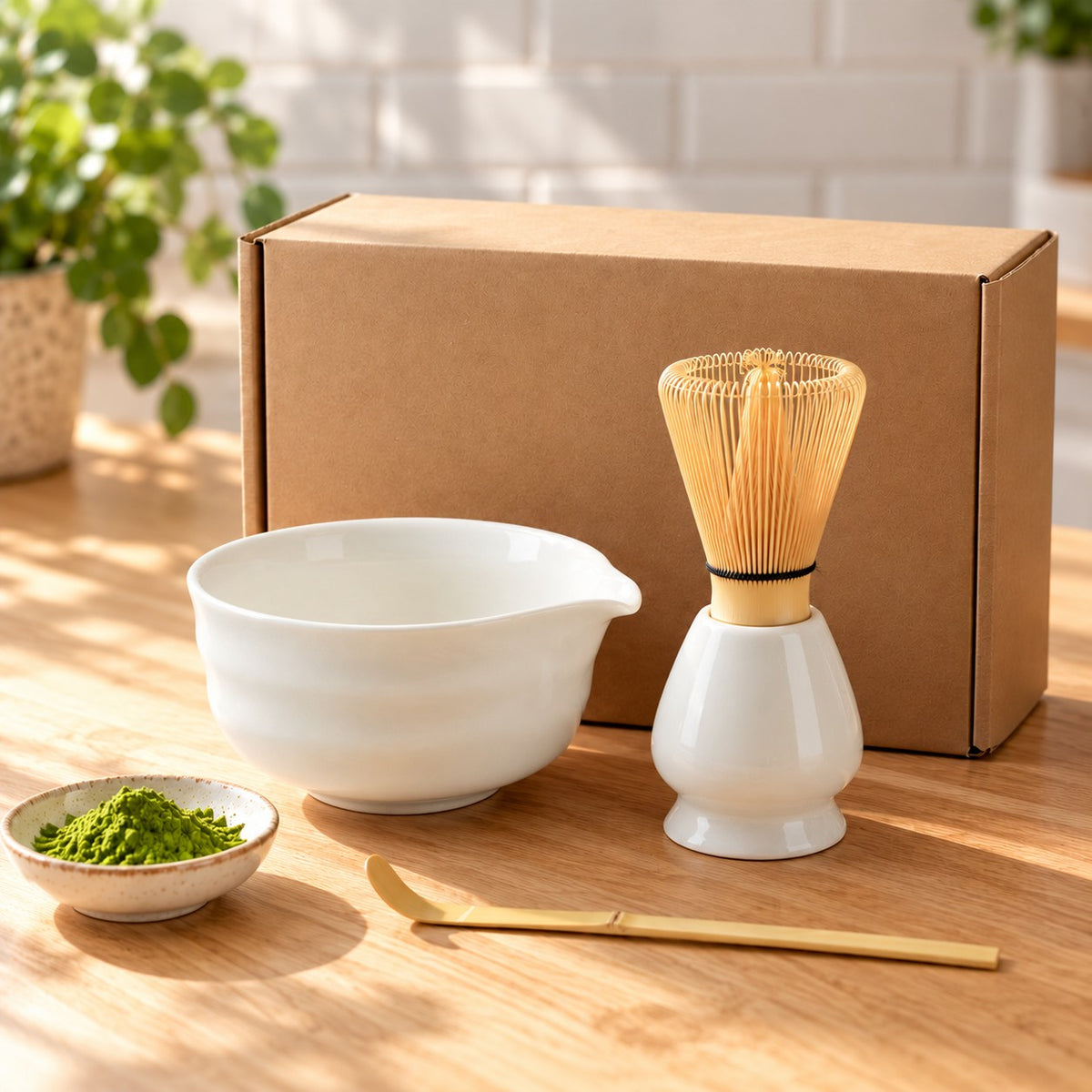 4-delige matcha-set in wit met cadeaudoos