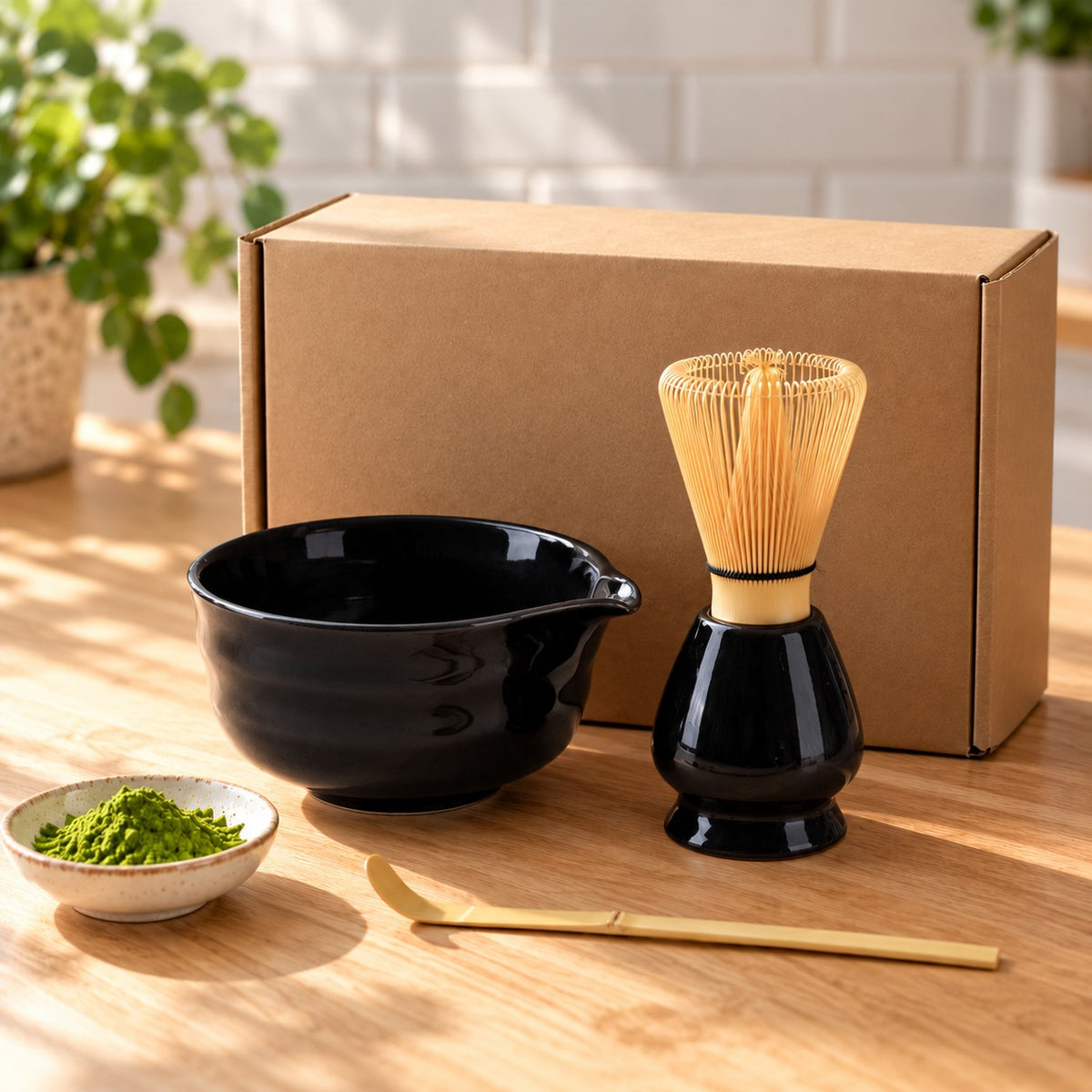 4-delige matcha-set in zwart met cadeaudoos