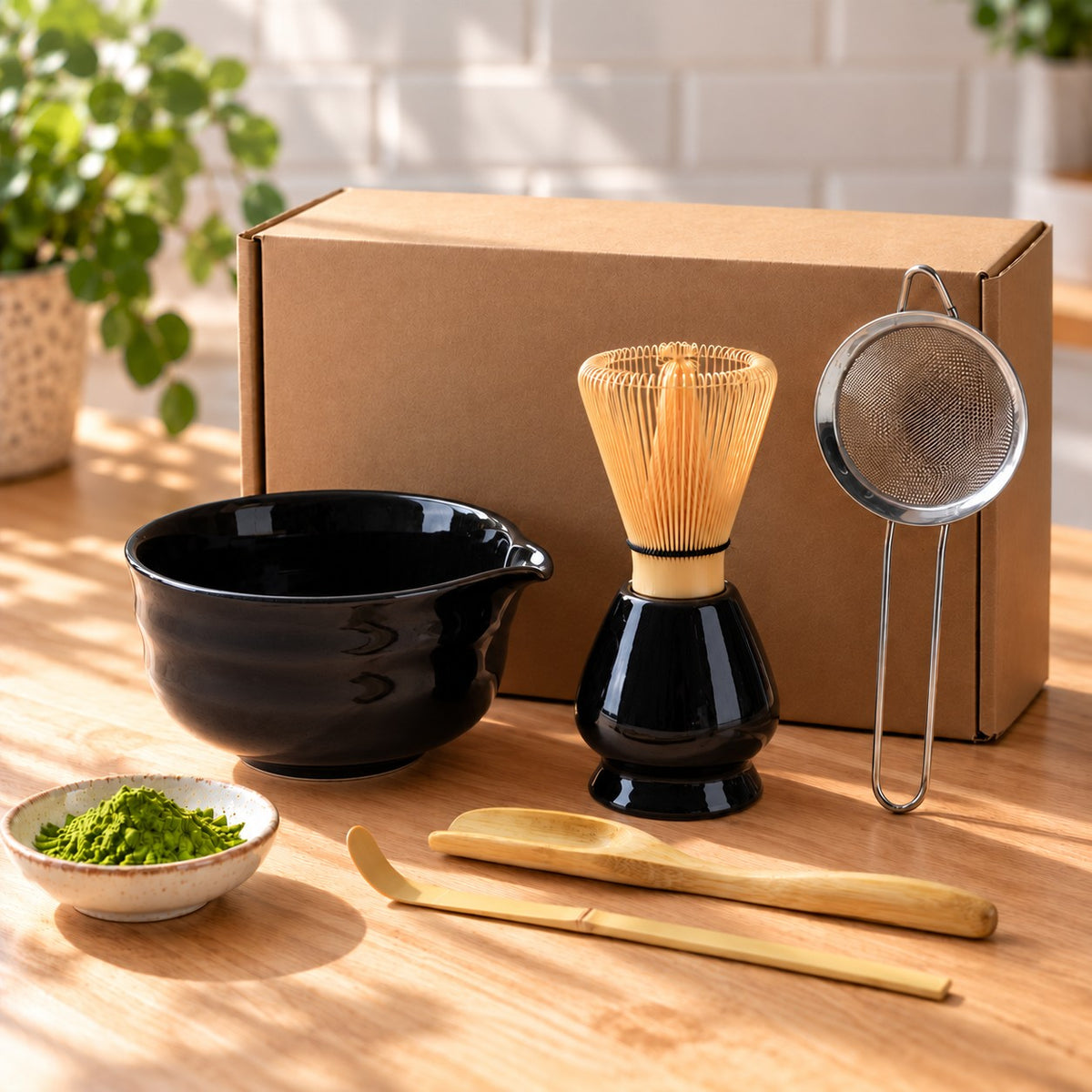 6-delige matcha-set in zwart met zeefje en bamboe schep